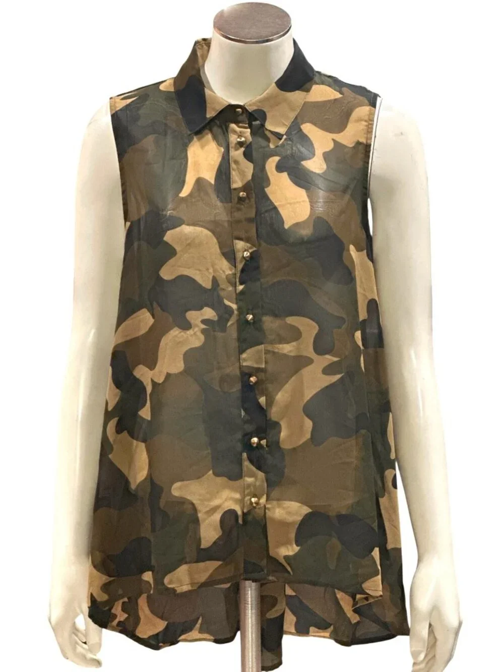 Forever 21 Medium Brown Black Camo Sleeveless Chiffon Blouse Grunge Utility Core - Picture 2 of 12